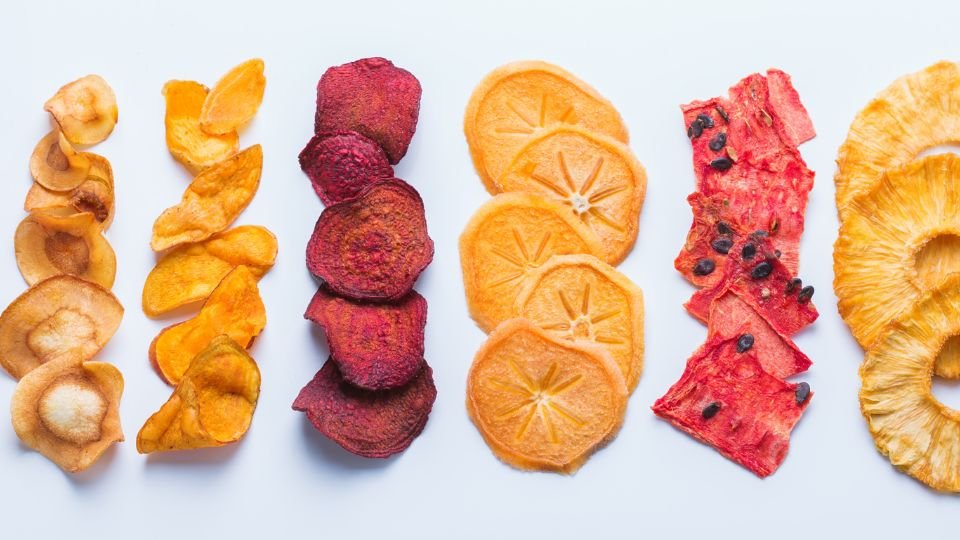 dehydrated food like potatoes, mangos, beets, watermelon, pineapple