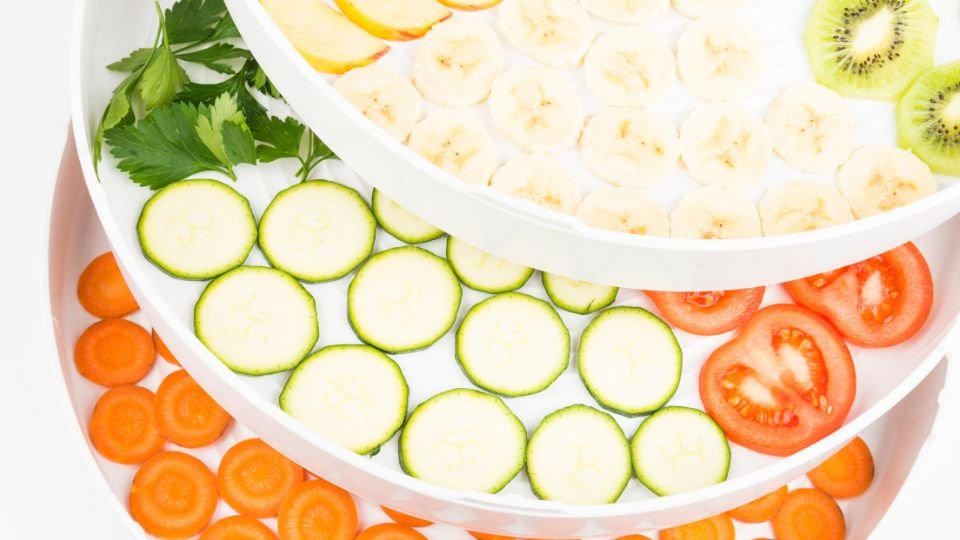 pictured in a dehydrator is carrots, cucumber, tomatoe, parsely, banana, and kiwi