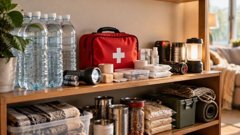 Apartment emergency kit on a shelf with bottled water, a red first aid bag, flashlight and canned food