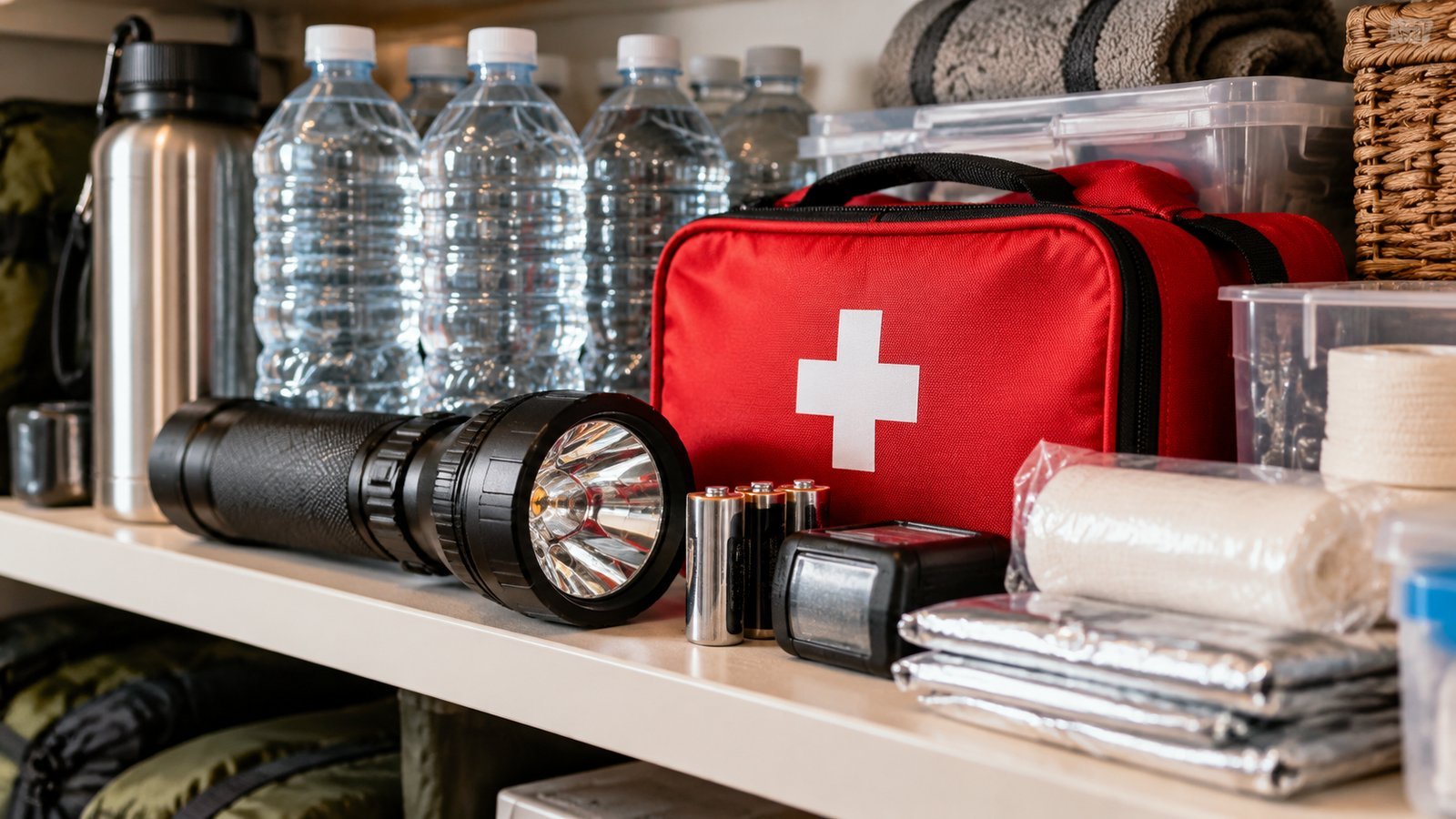 Stored water bottles, a flashlight and a red first aid kit on a shelf for an apartment emergency kit