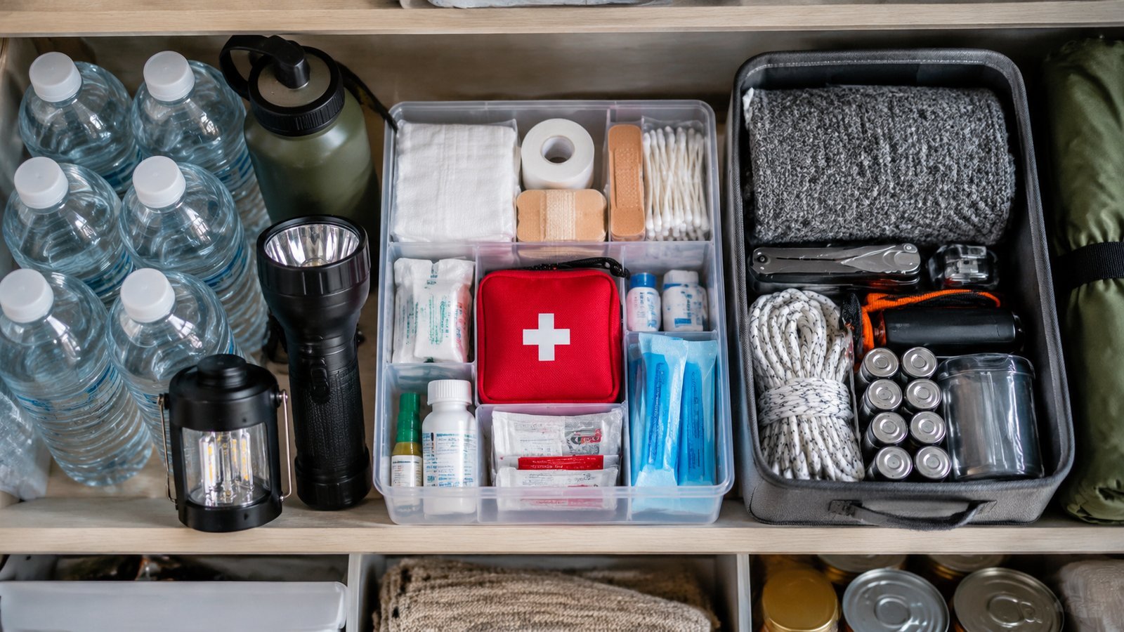 Organized emergency supply bin with batteries, rope, a first aid kit and flashlights beside bottled water for a small-space emergency kit