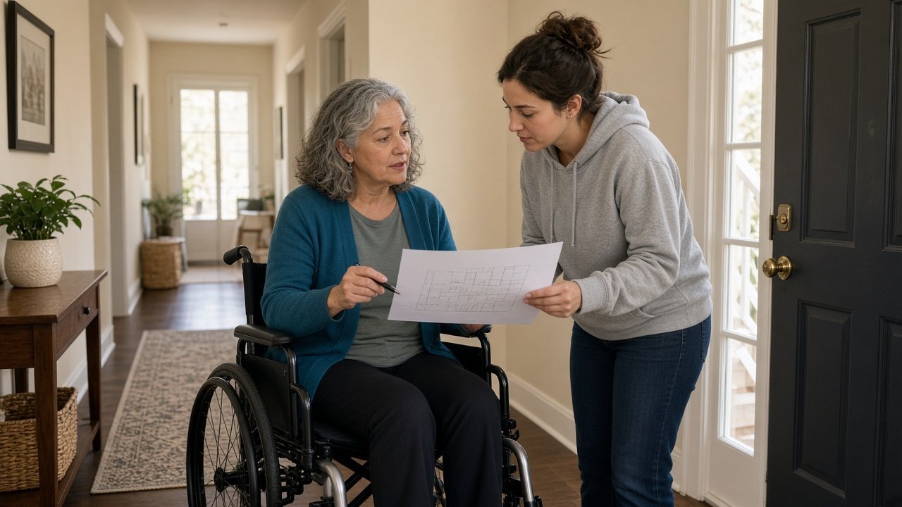 Woman in a wheelchair reviewing an apartment evacuation plan with her neighbor near the stairwell
