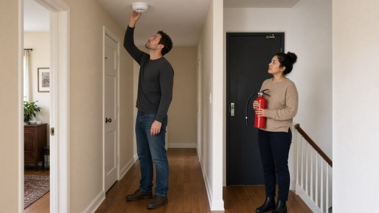 Man checking a hallway smoke alarm while a woman holds a fire extinguisher near the stairwell exit of their apartment building