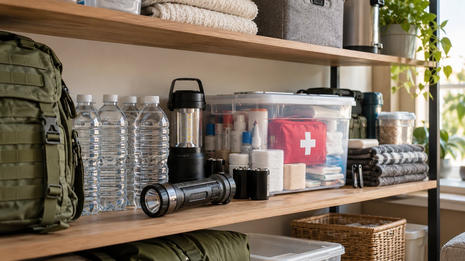 Go-bag backpack, water bottles, a lantern and first aid supplies stored on a wooden shelf in a small apartment
