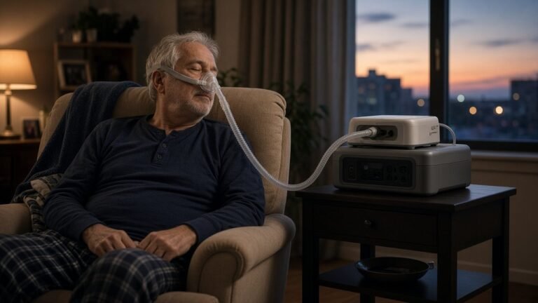 Older man resting in an armchair with a CPAP machine connected to a portable power station in his apartment