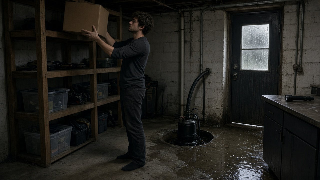 Man moving belongings onto high shelves in his basement apartment as water pools by the door