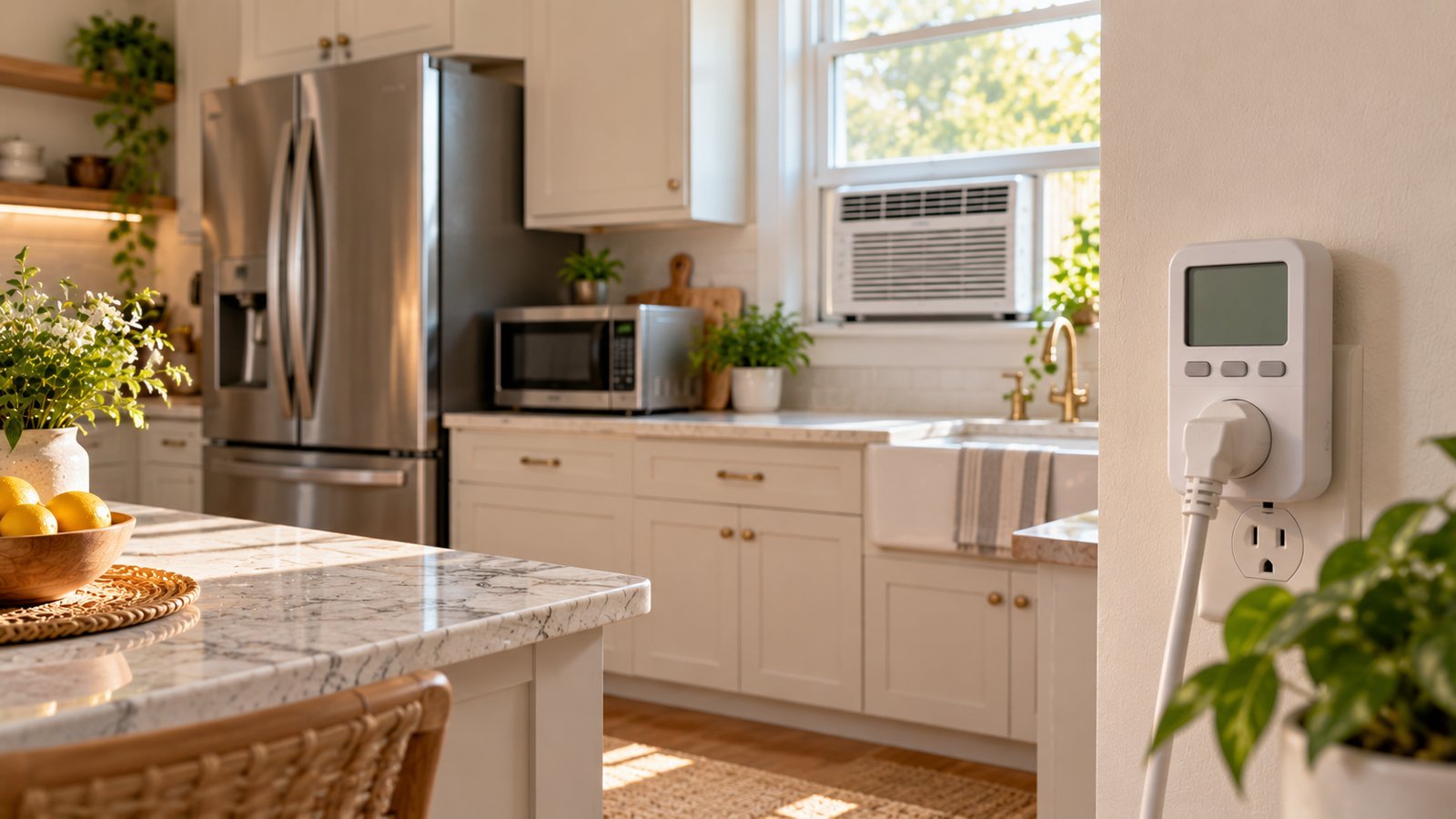 Kitchen with a refrigerator, microwave and window air conditioner, plug-in energy meter in the outlet