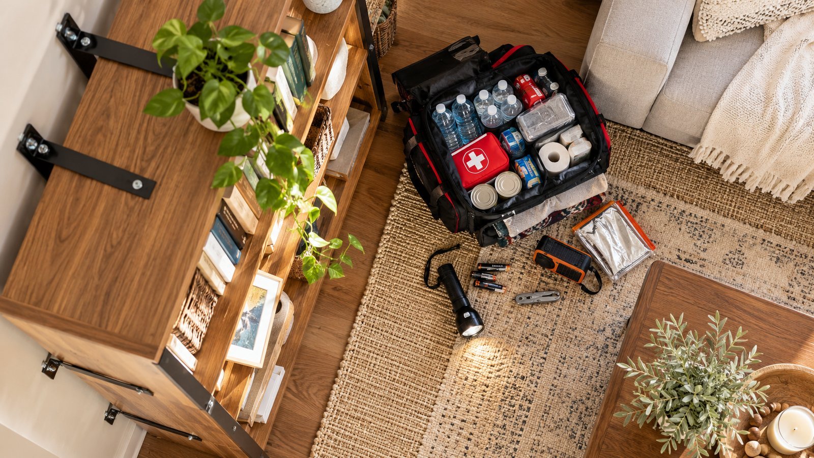 Overhead view of an open earthquake emergency kit with first aid supplies and a flashlight next to a bookshelf secured with wall straps