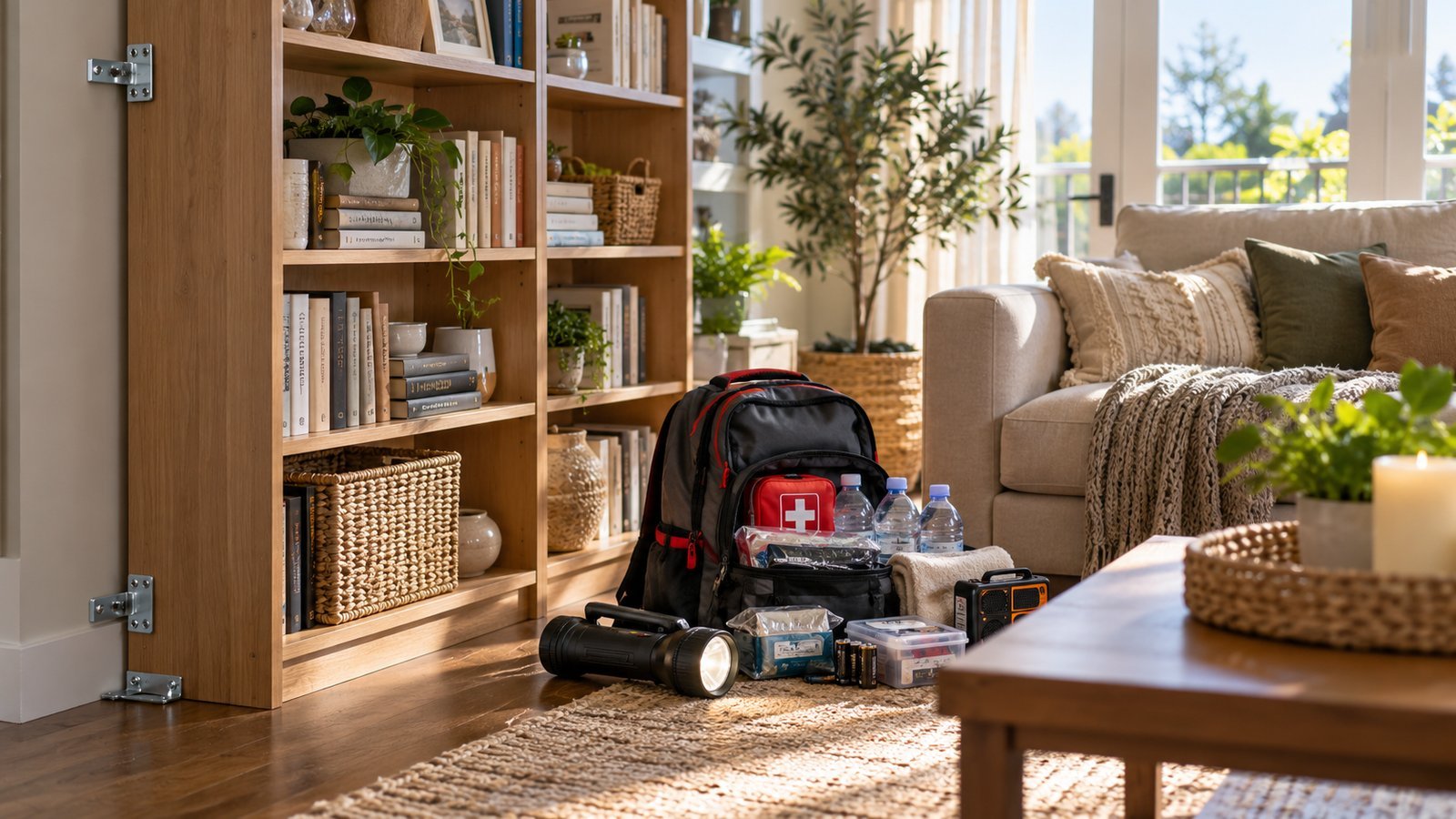 Earthquake go-bag with a first aid kit and water bottles beside a secured bookcase in a living room