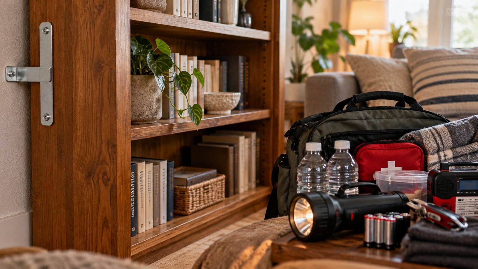 Wall-anchored wooden bookshelf with an emergency backpack, water bottles, flashlight and radio on a table for earthquake preparedness