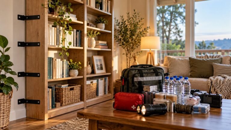 Bookshelf anchored to the wall with brackets in a living room with an emergency go-bag, water and flashlight on the coffee table