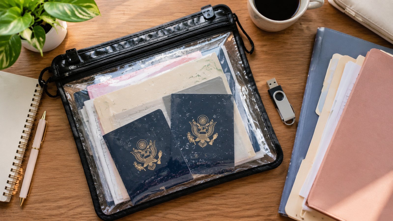 Overhead view of passports, insurance papers and a USB drive in a clear pouch beside color-coded file folders