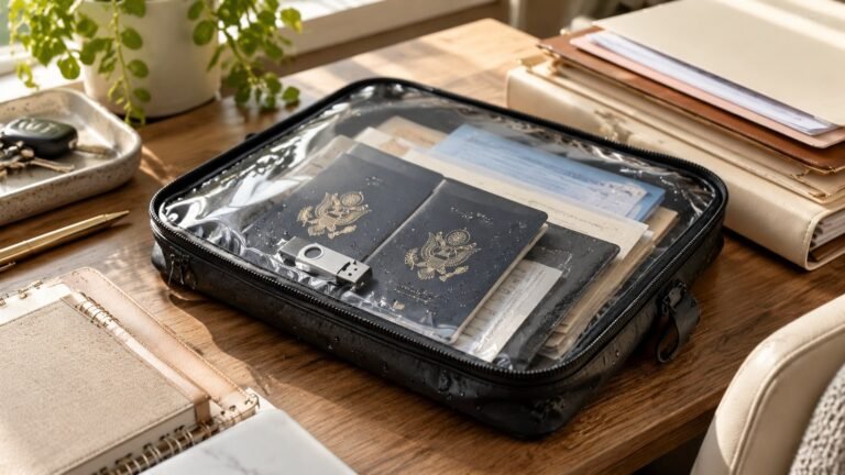 Clear zippered pouch holding passports, important papers and a USB drive on a desk with folders for emergency documents