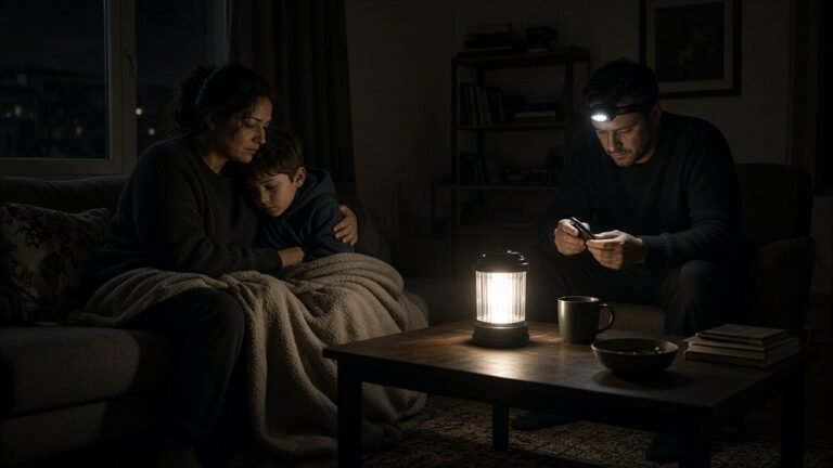 Family in a dark apartment living room during a power outage lit by an LED lantern, one person wearing a headlamp