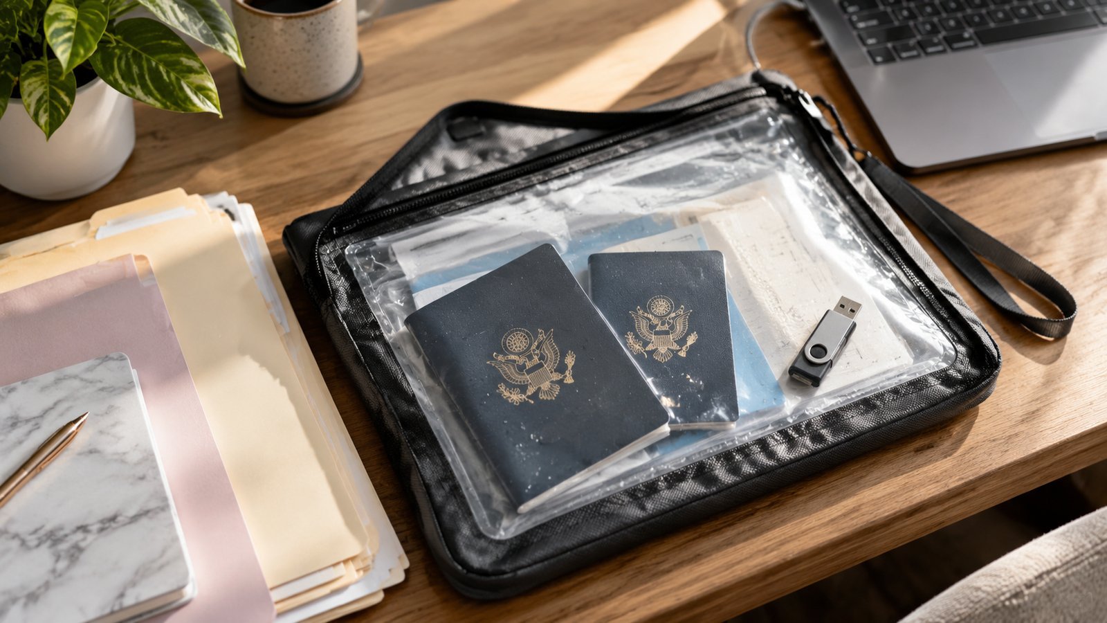 Clear document bag with passports and a USB flash drive next to a laptop and file folders on a wooden desk