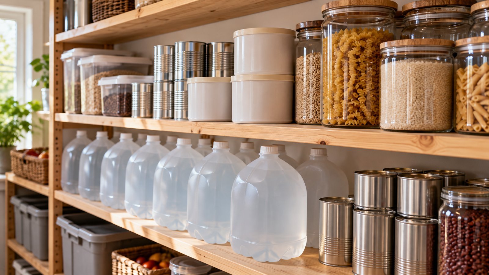 Pantry shelf with water jugs, sealed formula tins, canned goods and dry food jars