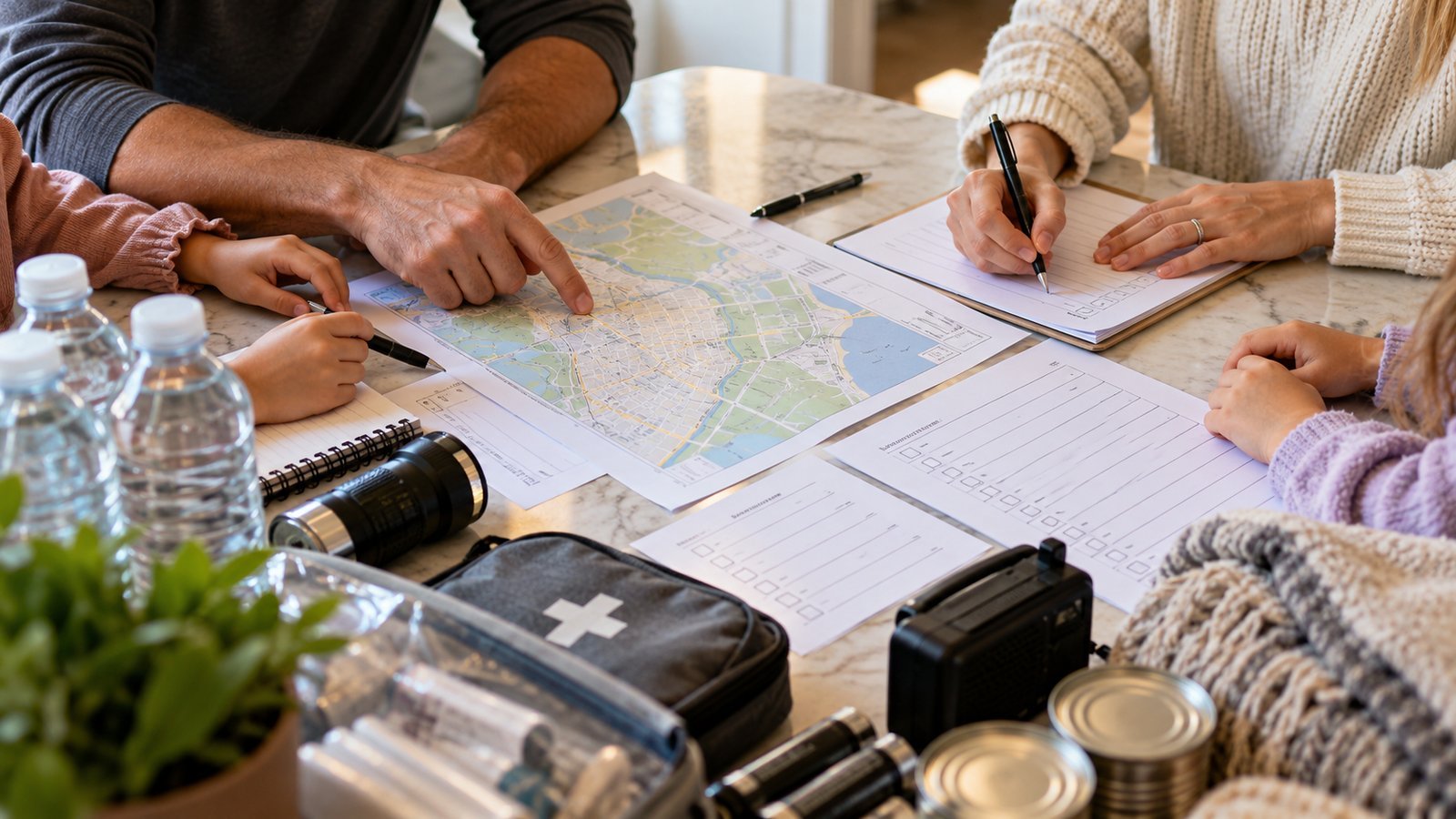Parents and children marking a local map and filling out an emergency card checklist at a table for a family communication plan