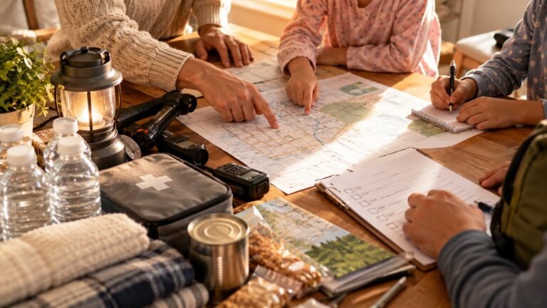 Family gathered around a table with a map and notes making a family emergency communication plan