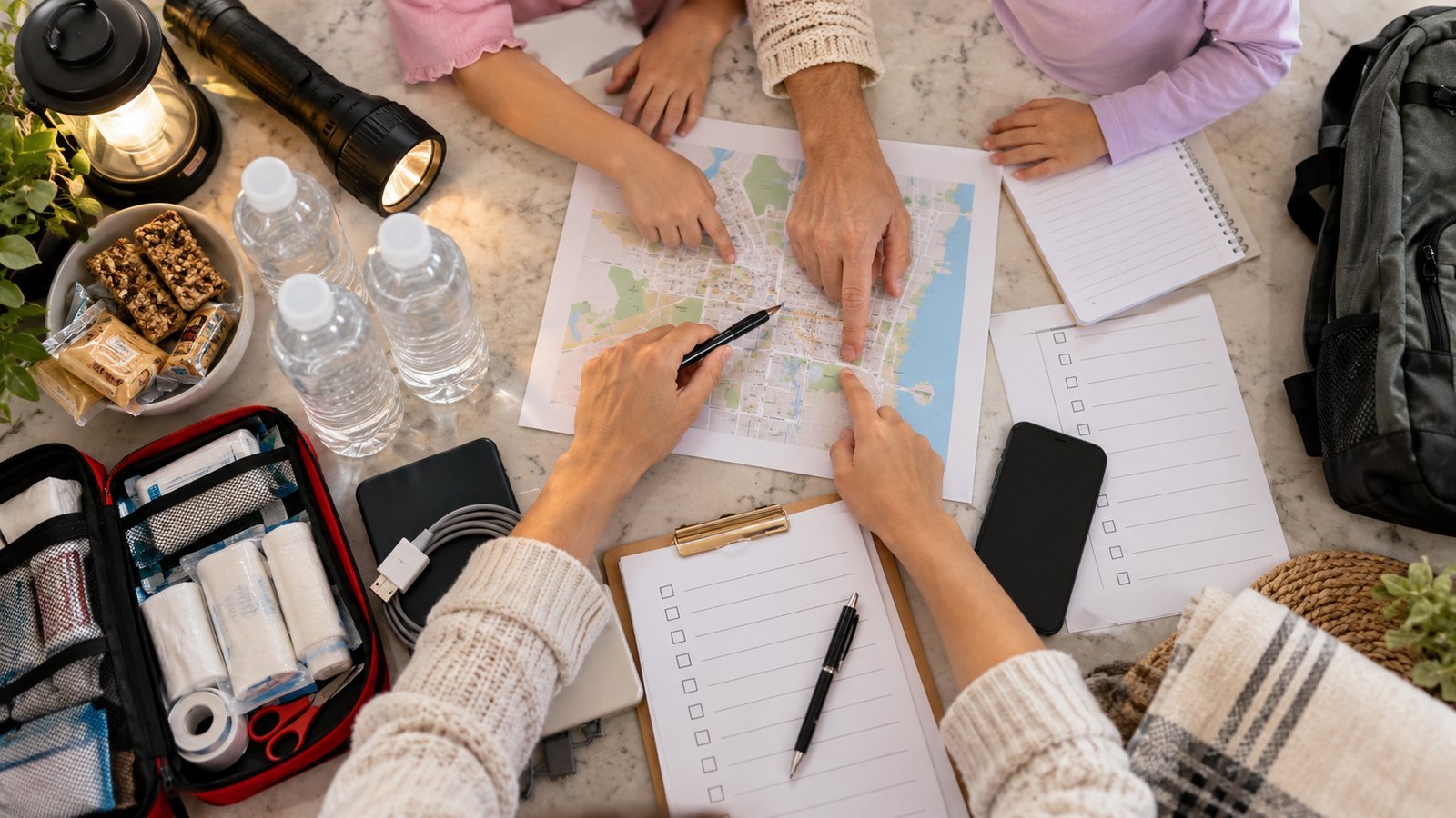 Overhead view of hands pointing at a map to choose emergency meeting places, with a checklist and first aid kit on the table