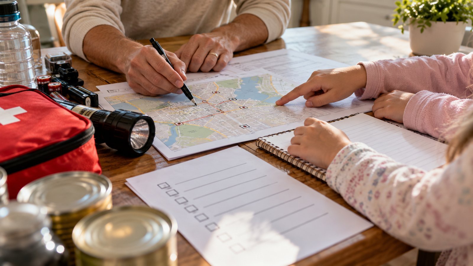 Family members writing contact information on paper beside a map, lantern and first aid kit for a family emergency communication plan