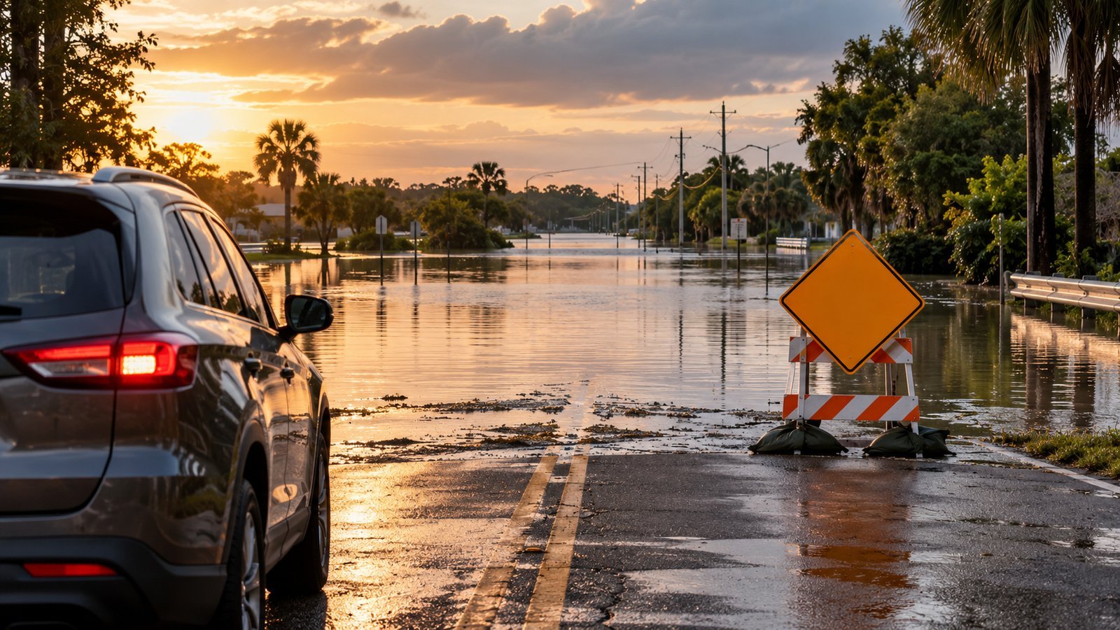 SUV stopped before a flooded road with a barricade at sunset, showing why you should never drive through floodwater