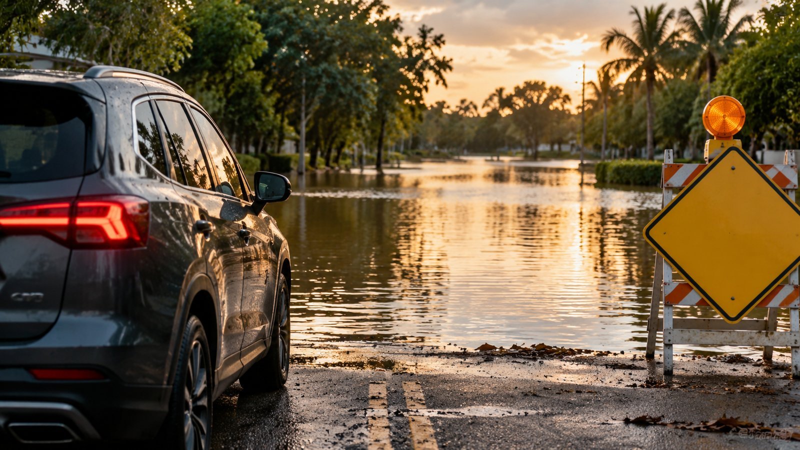 Flooded road with a road-closed barricade, warning light and an SUV pulled over in front of rising water