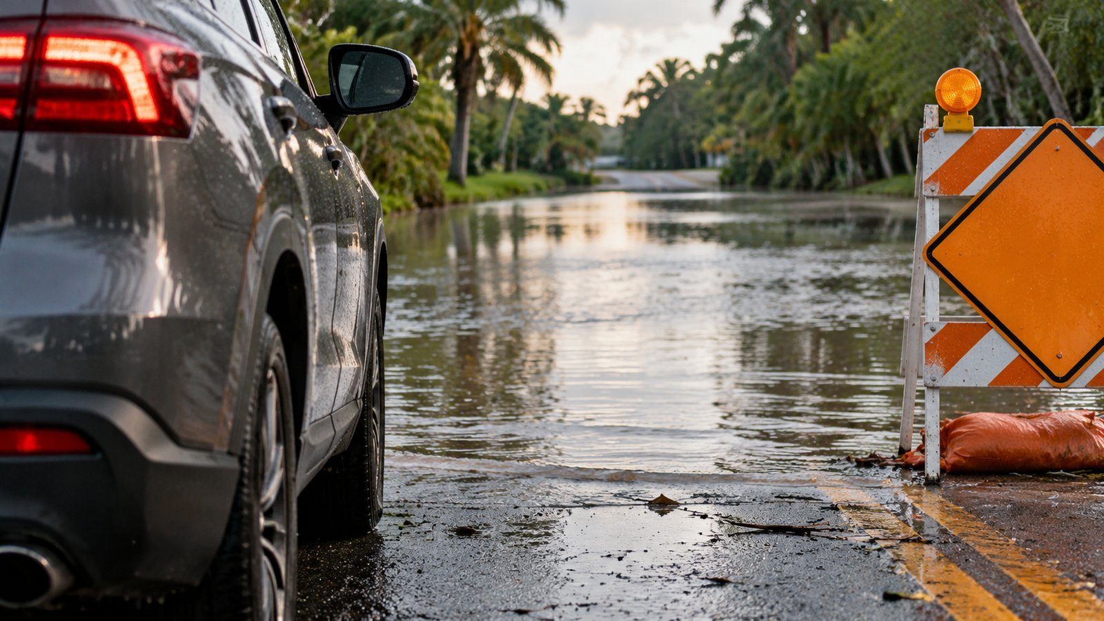 Barricade and an orange sandbag at the edge of floodwater across a road with a parked SUV during a flood warning
