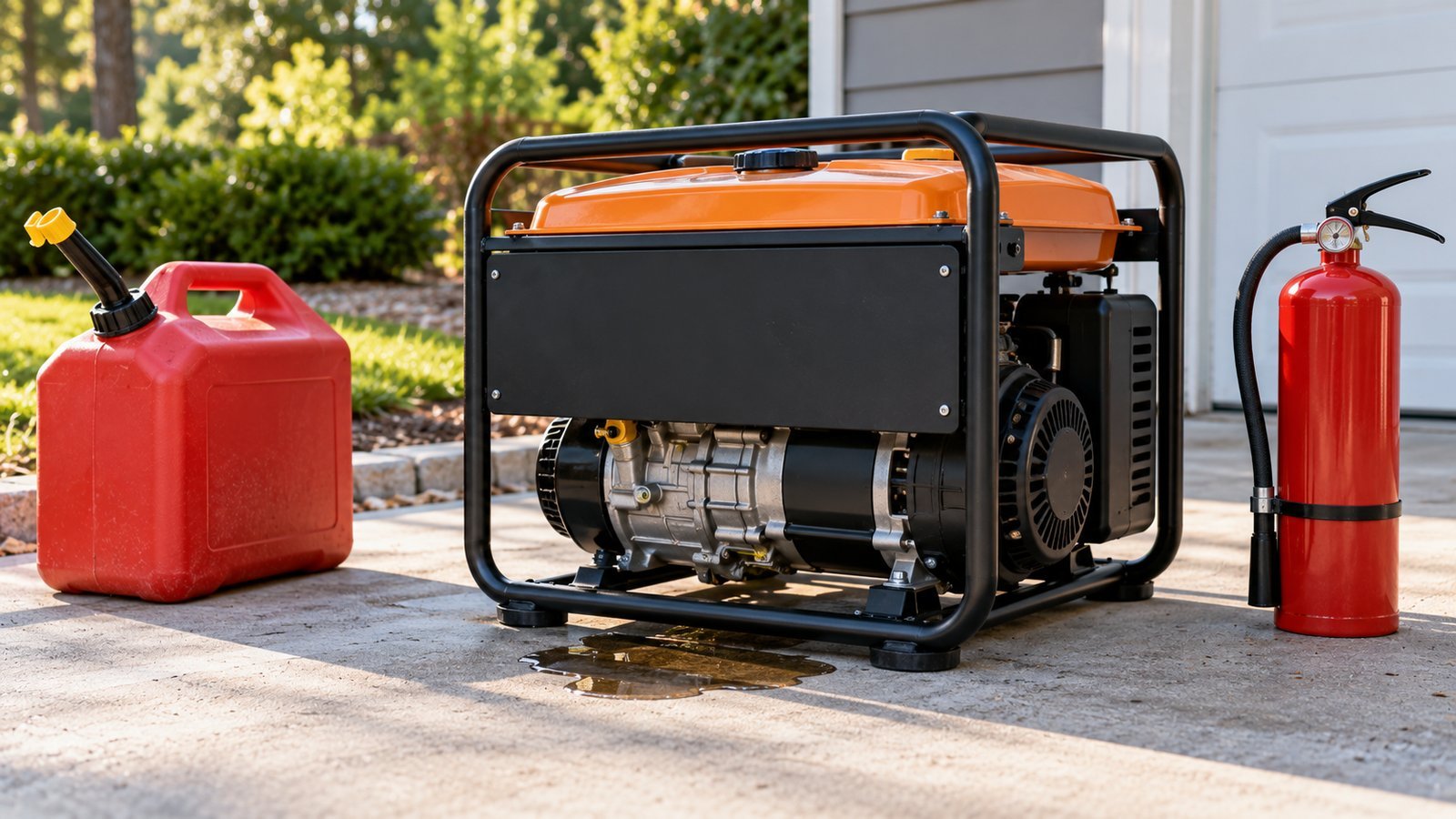 Portable generator with a small fuel puddle, a separate fuel can and a fire extinguisher