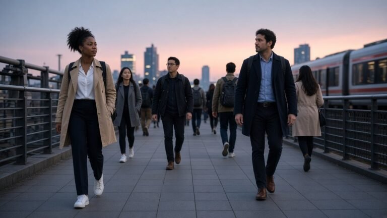 Commuters walking home across a city bridge at dusk after transit shuts down