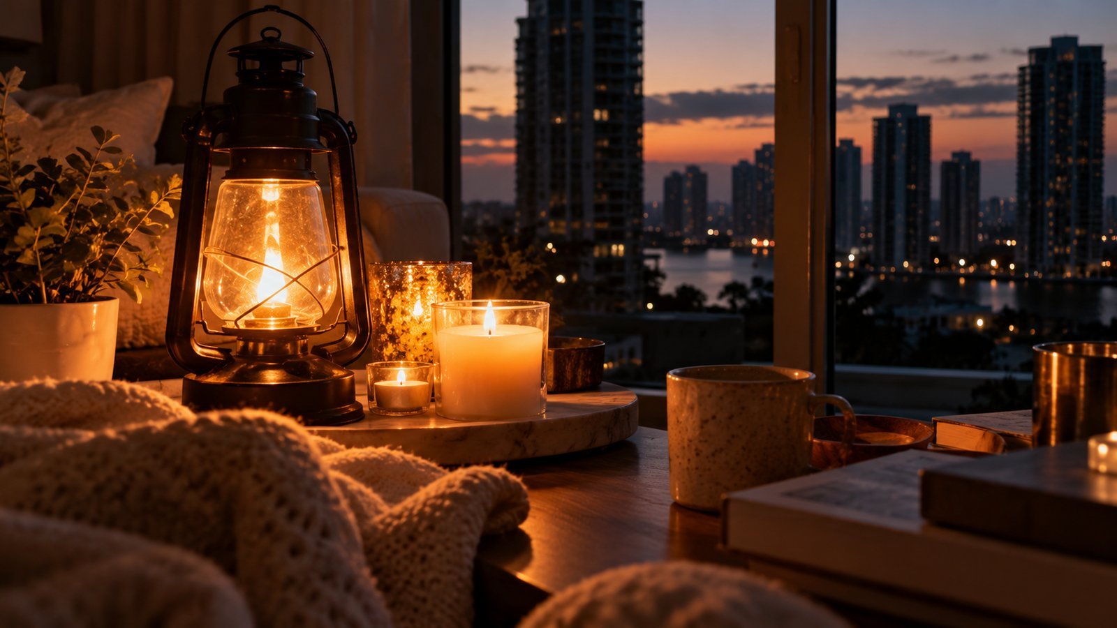 Battery lantern and candles on a coffee table beside a window overlooking a skyline while preparing for a power outage in a high-rise