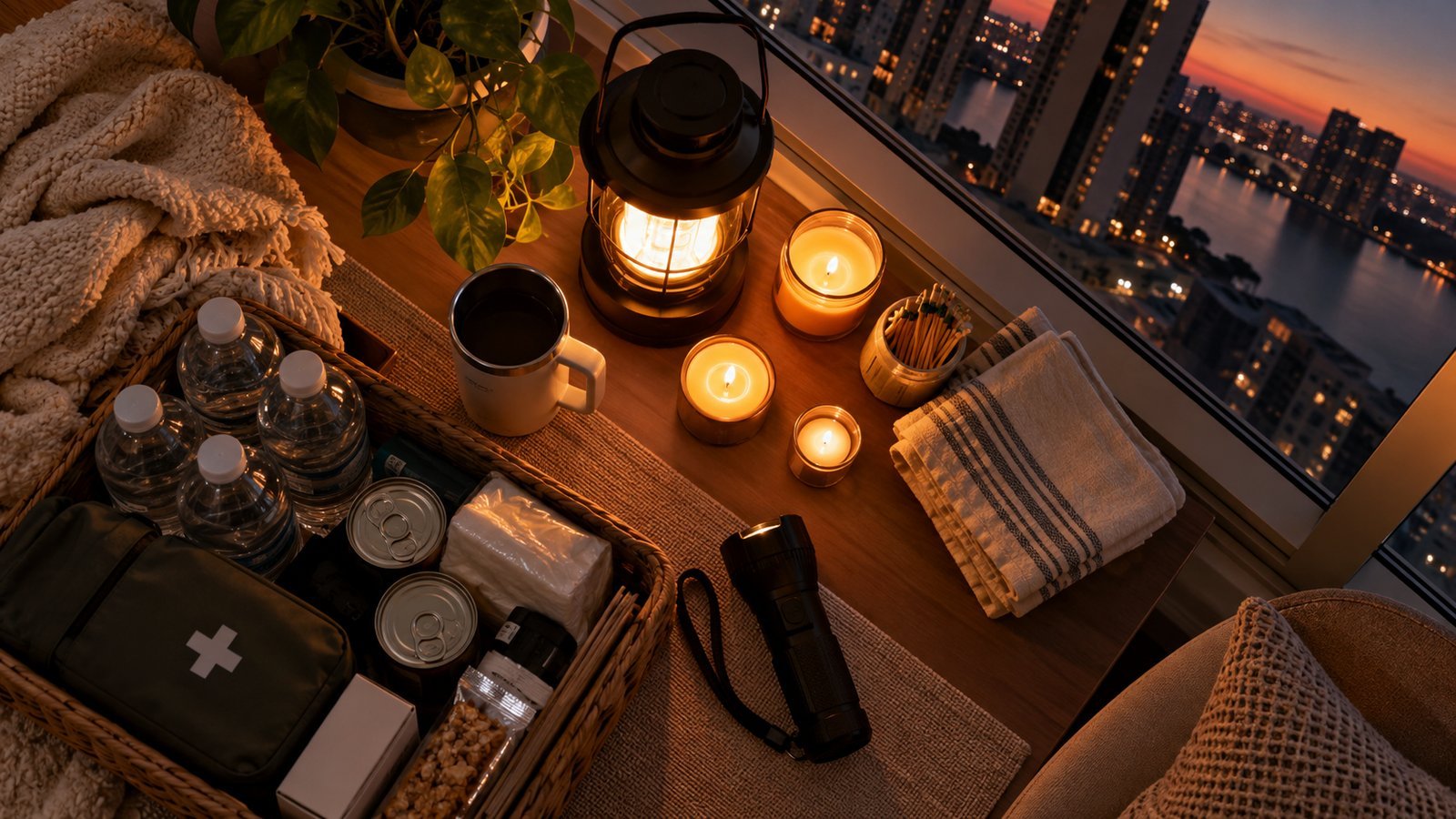 Basket of bottled water, canned food, a first aid kit and flashlight ready for a power outage in a high-rise apartment
