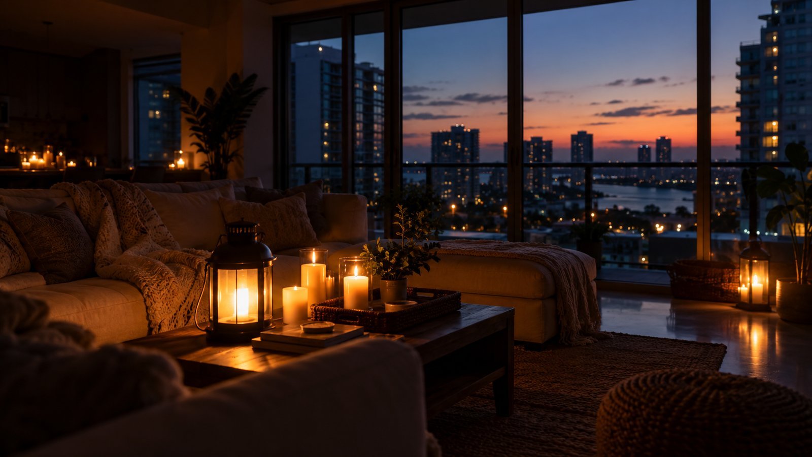 Lantern and candles lit in a dark high-rise apartment living room during a power outage at dusk with a city skyline view