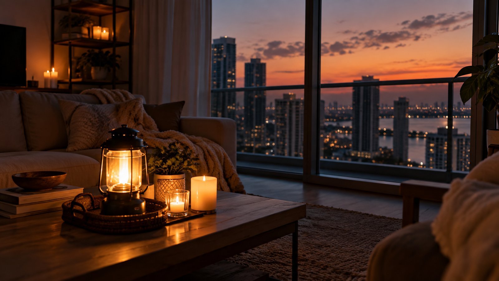 Glowing lantern and candle on a coffee table in a high-rise apartment with a sunset city skyline during a power outage
