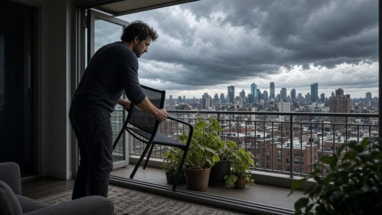 Man bringing balcony furniture indoors as a severe thunderstorm approaches his apartment