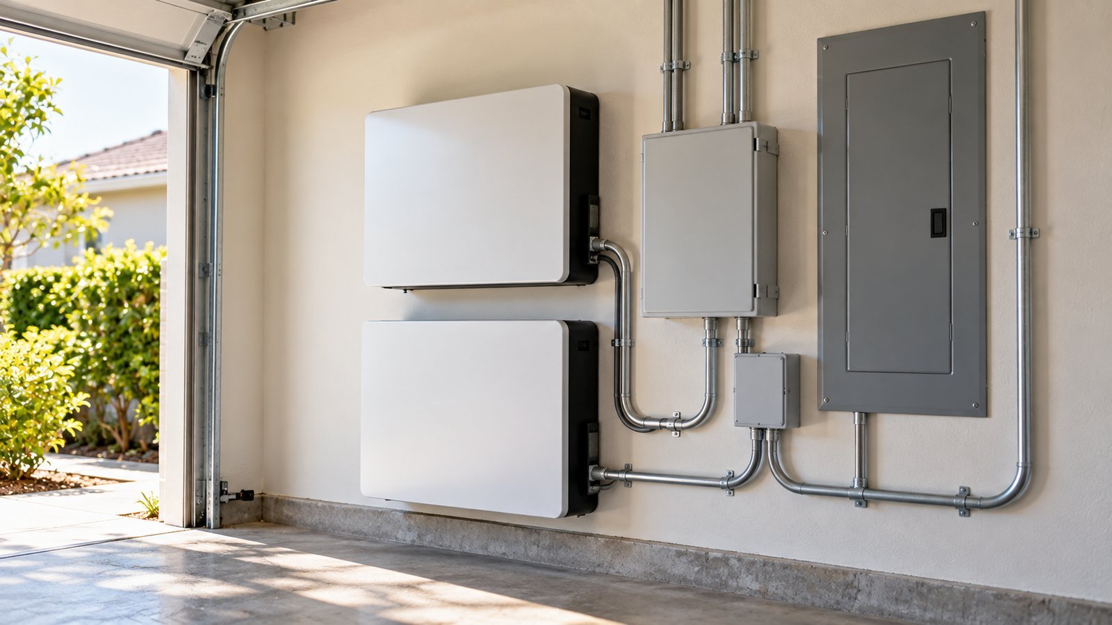 Wall-mounted home battery units and a transfer switch beside an electrical panel in a garage