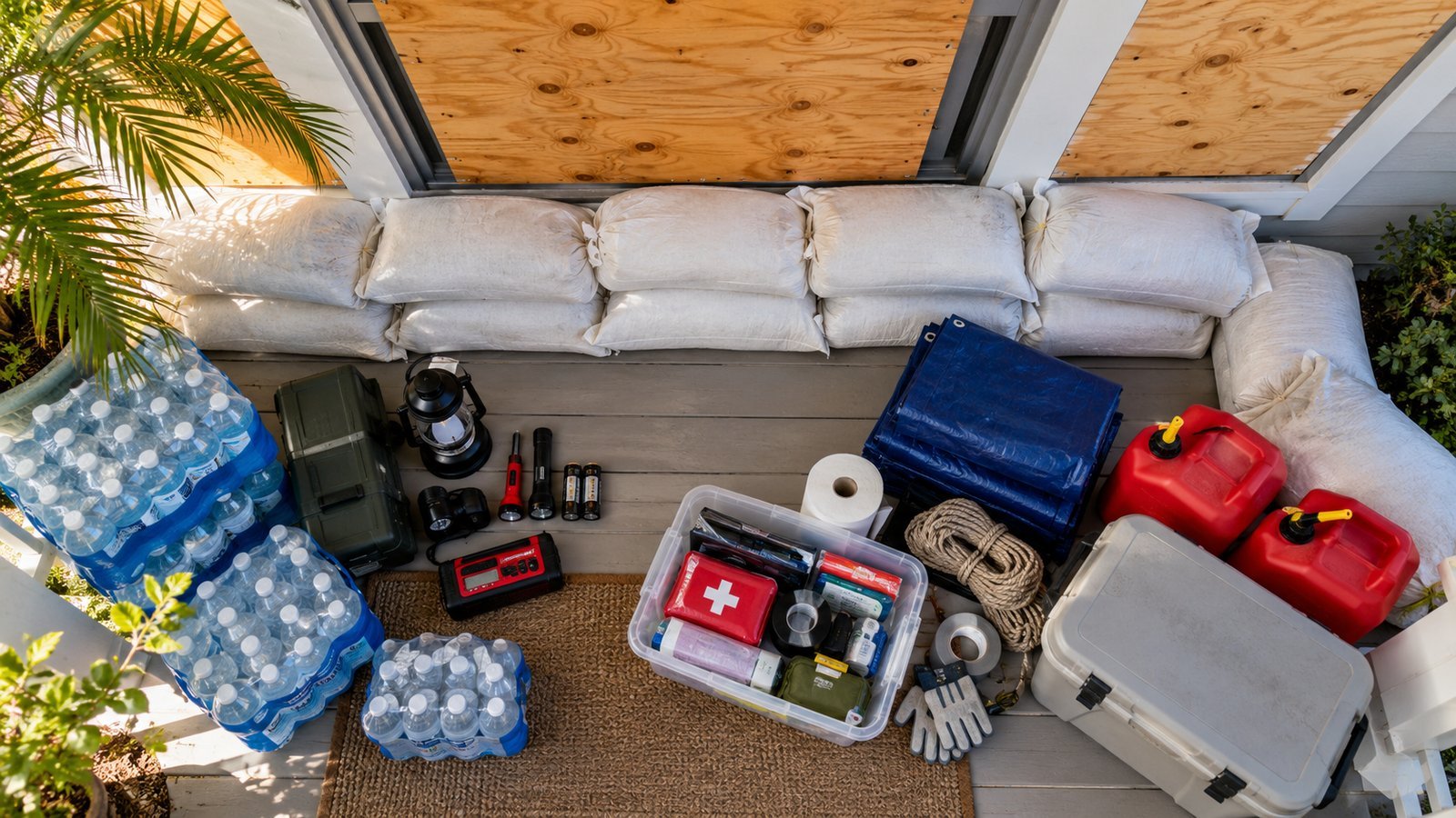 Hurricane emergency kit with bottled water, a tarp, rope, first aid kit and fuel cans beside sandbags under plywood shutters