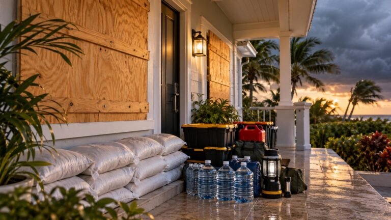 Plywood-covered windows and sandbags on a porch with bottled water and a lantern ahead of a hurricane