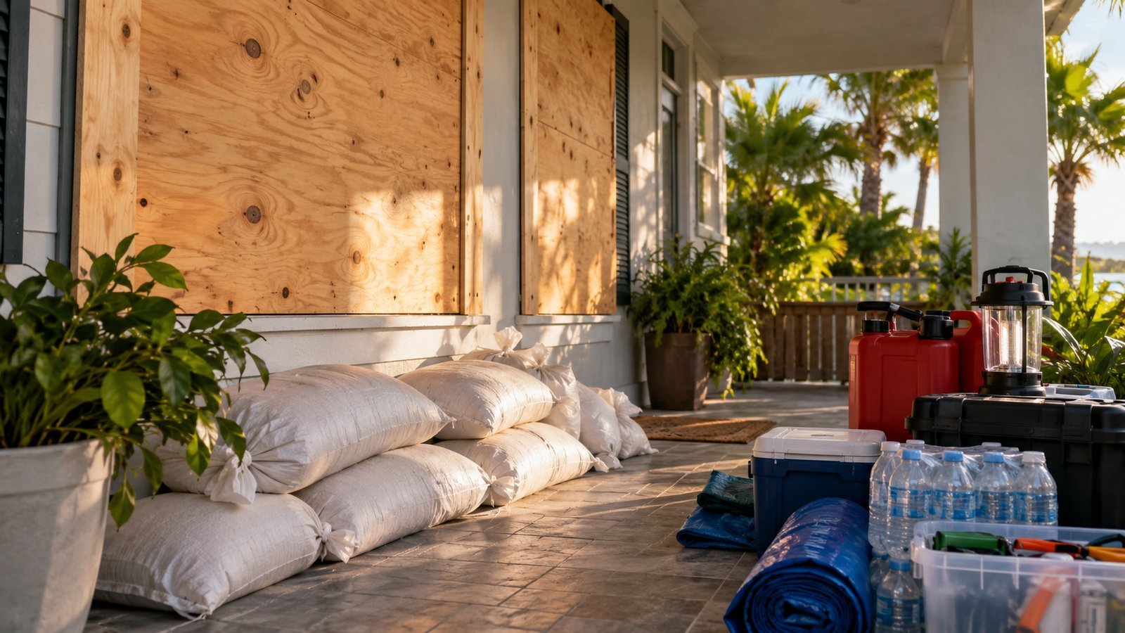 Plywood storm shutters and stacked sandbags beside a porch with fuel cans, a cooler and water for a hurricane checklist