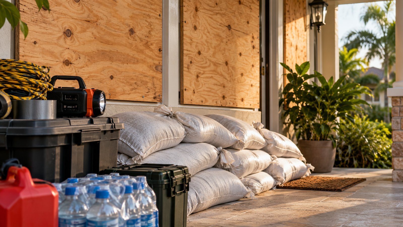 Sandbags, water jugs, gas cans, a battery lantern and storage bins stacked on a porch for hurricane preparedness
