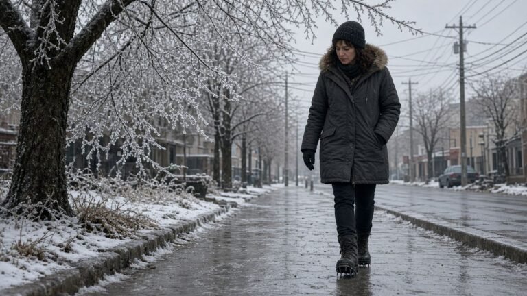 Woman walking carefully on an icy city sidewalk under ice-coated branches and power lines