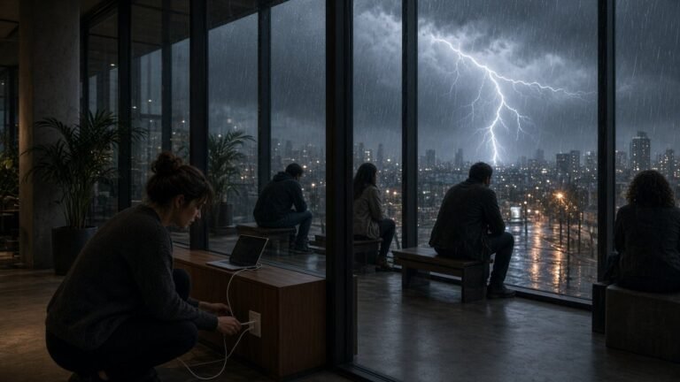 People sheltering in a building lobby while lightning strikes over the city outside