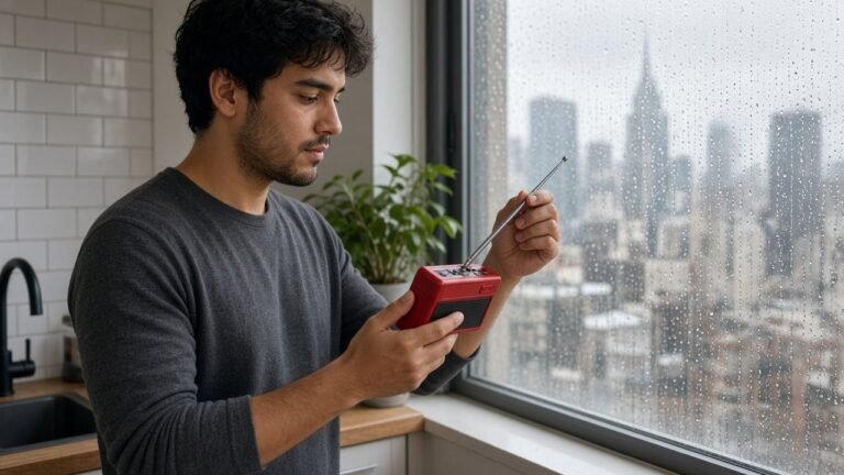 Man in a city apartment kitchen extending the antenna of a hand-crank emergency weather radio during a storm