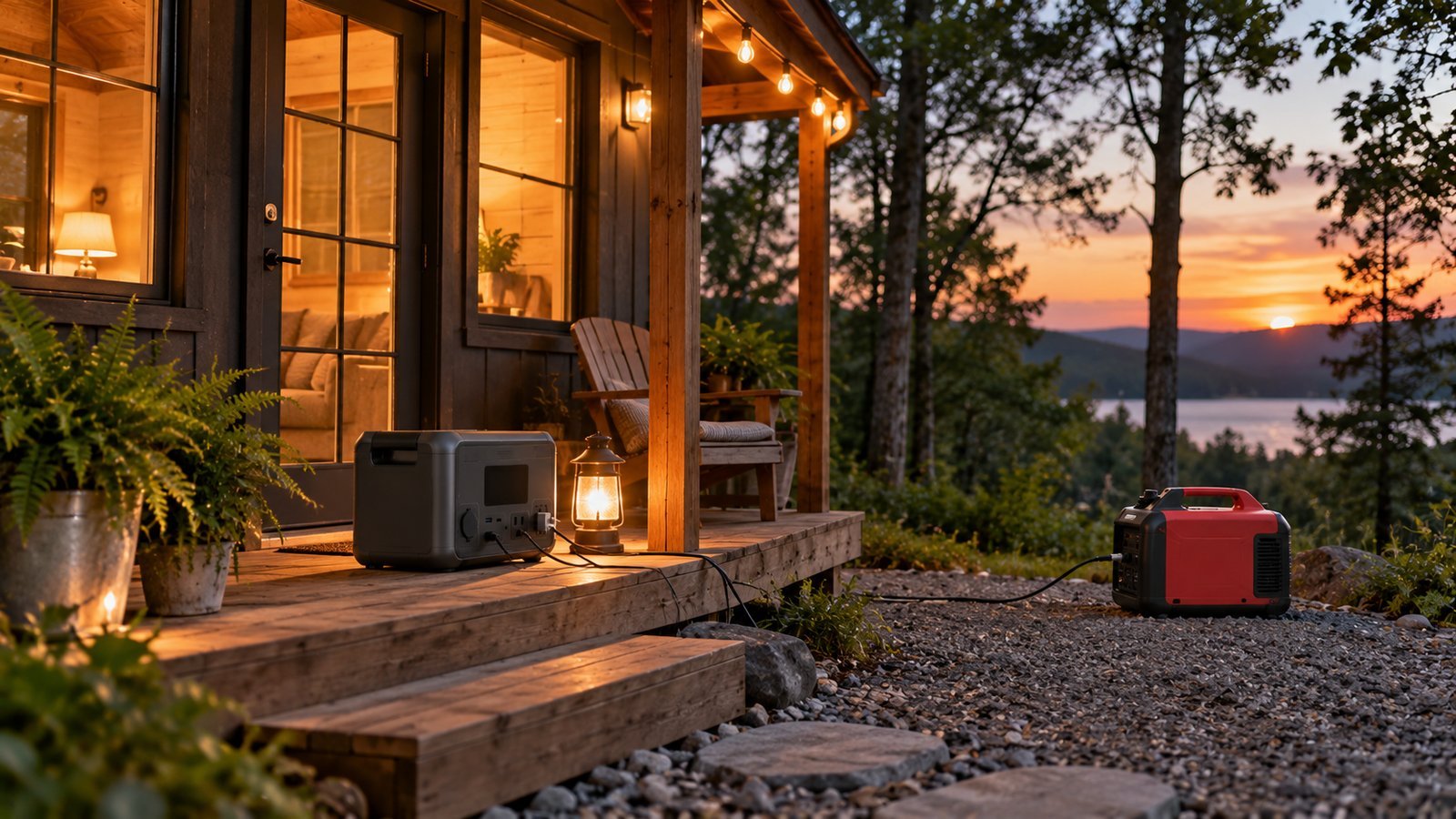Off-grid cabin at dusk with a power station on the porch and a generator set well away