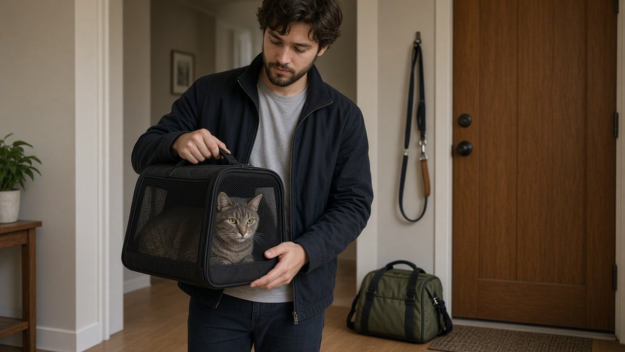 Man in his apartment entryway with a cat carrier and pet emergency go-bag ready by the door