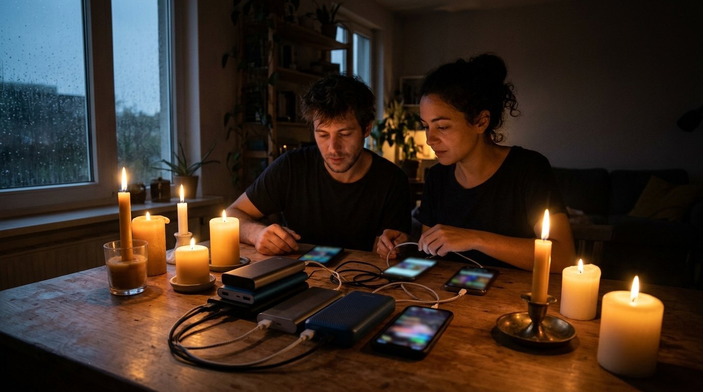 Couple charging phones from several power banks by candlelight during a power outage in a city apartment
