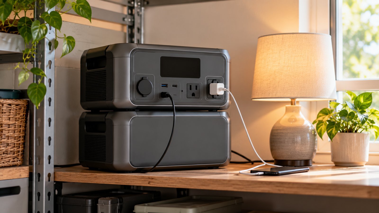 Portable power station stacked on an expansion battery with devices plugged in