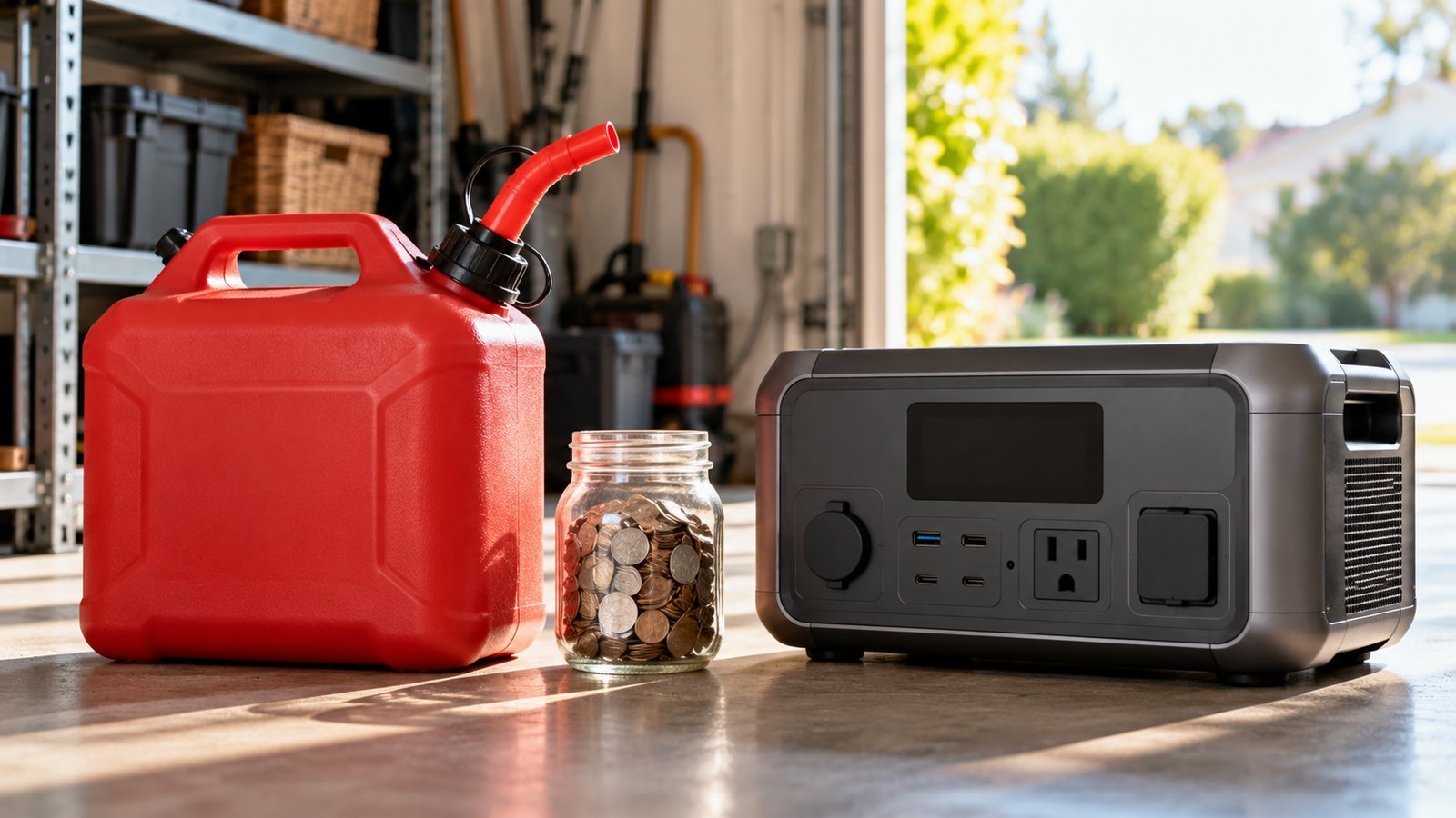 Gas can and portable power station on a garage floor with a jar of coins between them