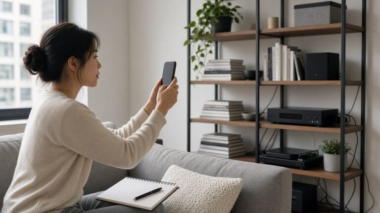 Woman photographing her apartment belongings with her phone to build a home inventory