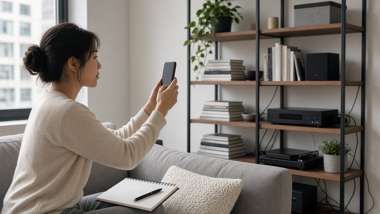 Woman photographing her apartment belongings with her phone to build a home inventory