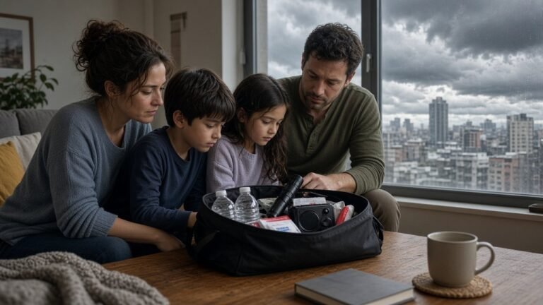 Family checking their emergency kit in their apartment as storm clouds gather